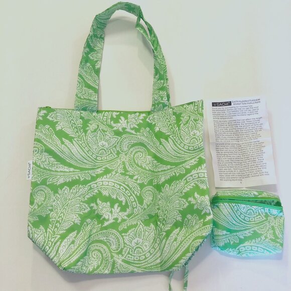 SACHI Insulated Foldable Market Tote Bag with Pouch Green and White Paisley - Picture 1 of 16